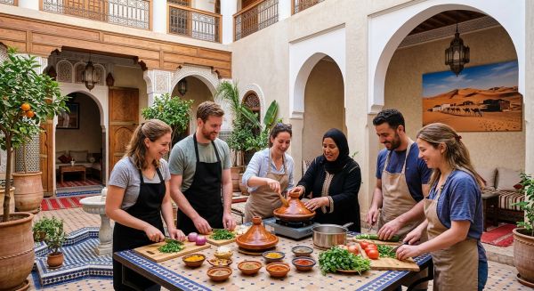 Est-il possible de louer un riad à Marrakech avec des cours de cuisine marocaine et des excursions dans le désert?