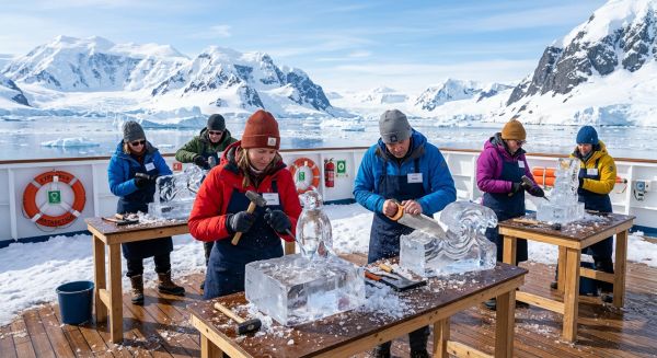 Quelle croisière offre des ateliers de sculpture sur glace en Antarctique?